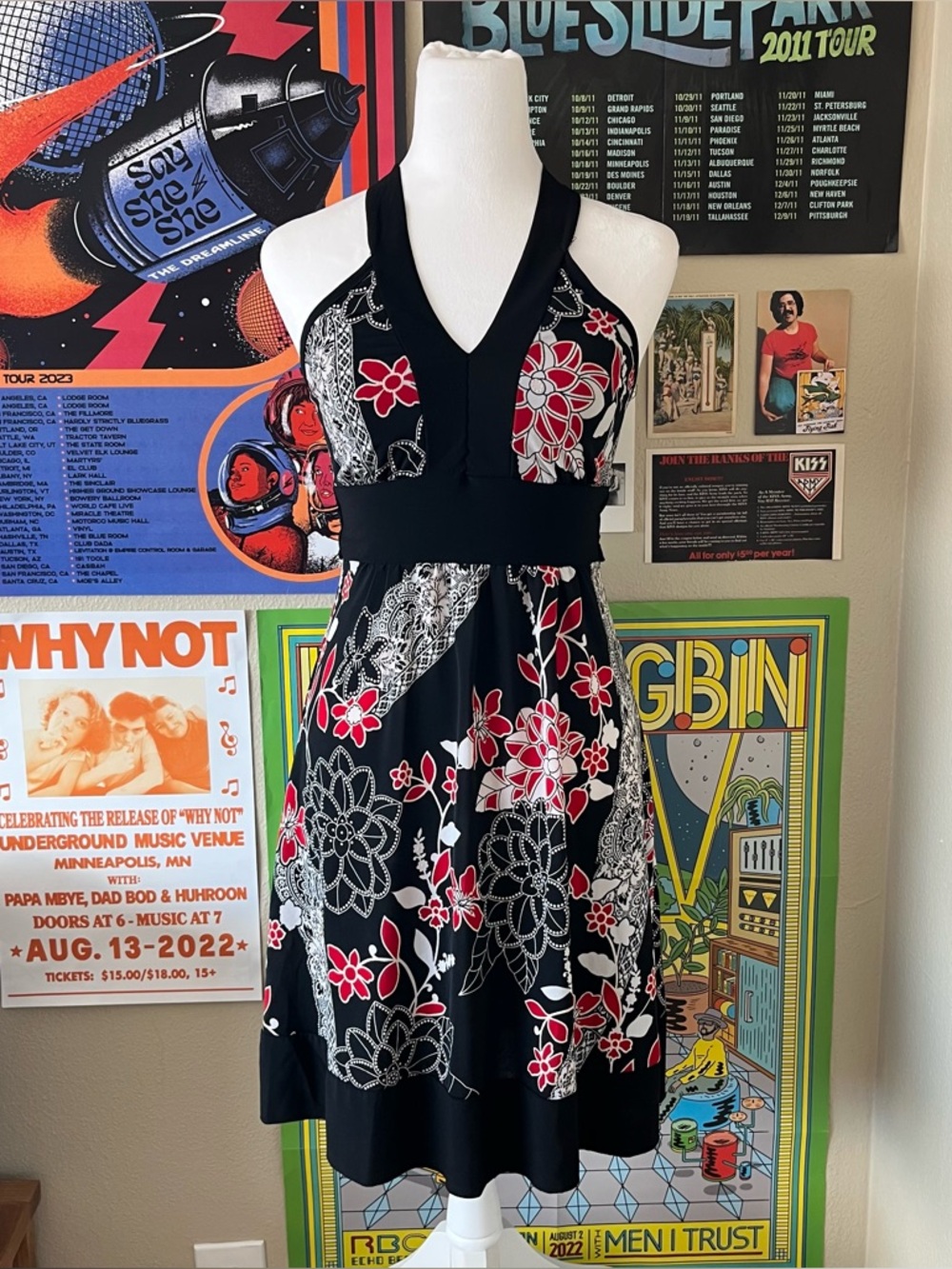 Black and red y2k floral mini dress with halter neck and tie back